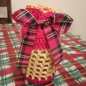 Handmade Crochet Bottle Holder with Plaid Bow